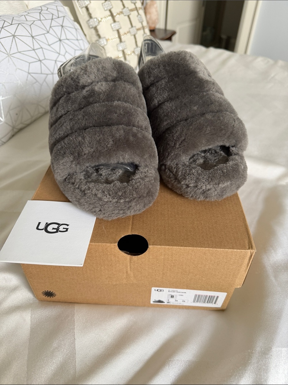 UGG Charcoal Gray Plush Open-Toe Slide Slippers